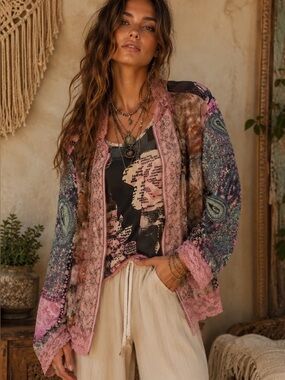 dressbarn Pink Multi Lace-Trim Patchwork Cardigan